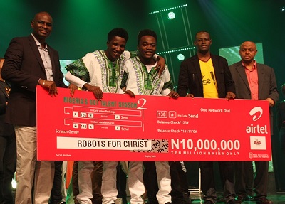 (L-r): Segun Ogunsanya, chief executive officer and managing director, Airtel Nigeria, Winners of Nigeria’s Got Talent (NGT) season 2, Robots for Christ, Femi Adelusi, head of Marketing Communication, Malta Guinness, and Rotimi Pedro, group managing director, Optima Media Group (OMG), at the grand finale of the NGT 2 at the Dream Studios in Lagos at the weekend.